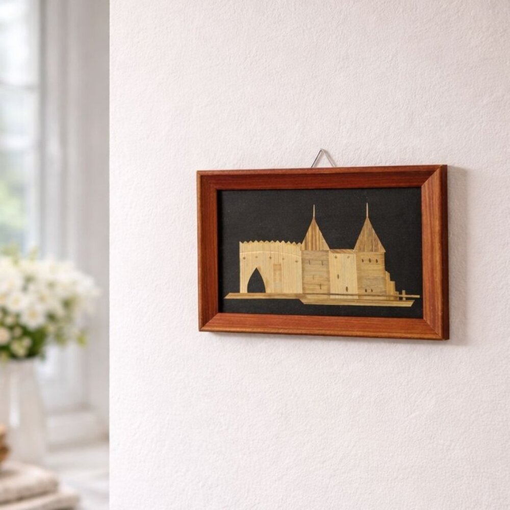 Vintage Handmade Wood Castle Wall Art In Red Wooden Frame With Hanging Hook